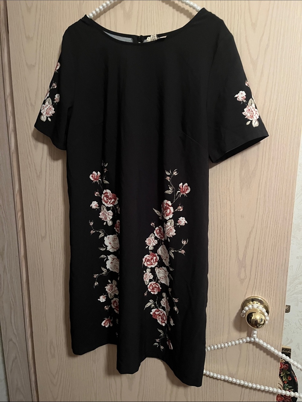 Black Floral Shift Dress with Pink & Cream Roses